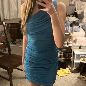 lioness one shoulder glimmery blue cinched minidress